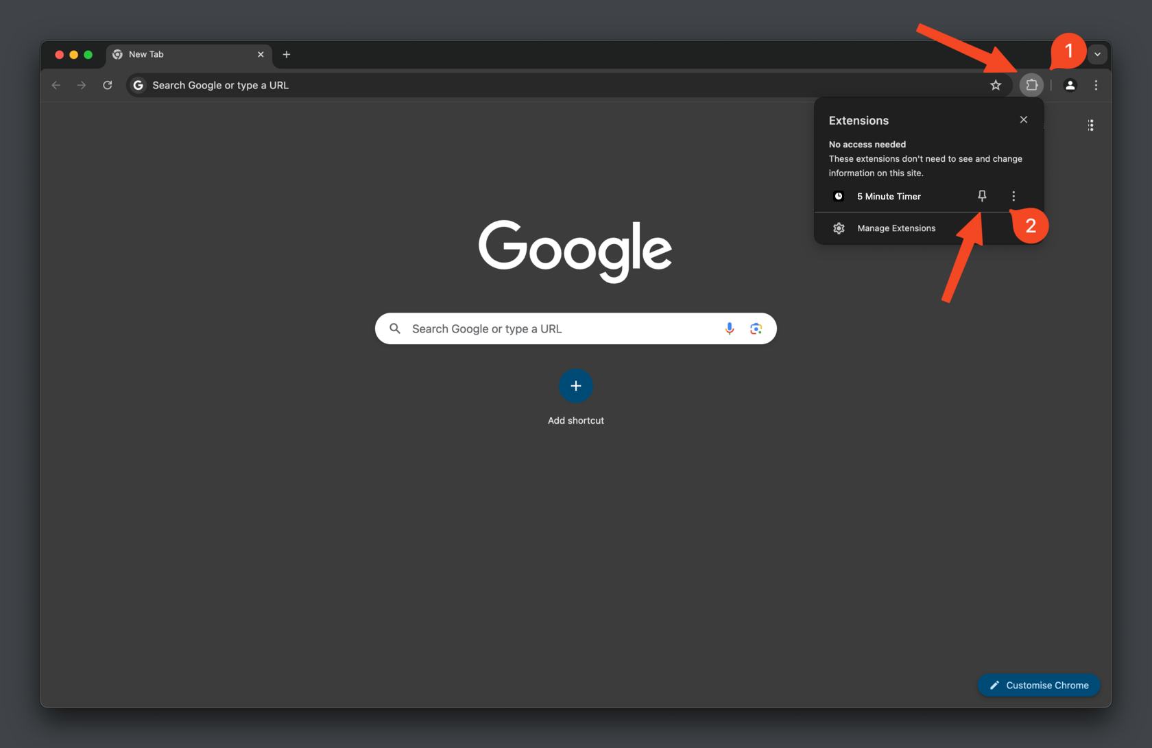 Click the puzzle-piece icon in Chrome's toolbar (1), then click the pin next to 5 Minute Timer (2) to keep it visible